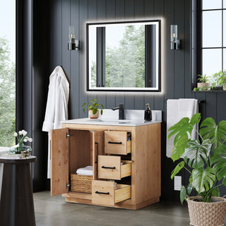 Cicero Vanity, Grain White Engineered Stone Countertop, Light Brown, 36", With Mirror