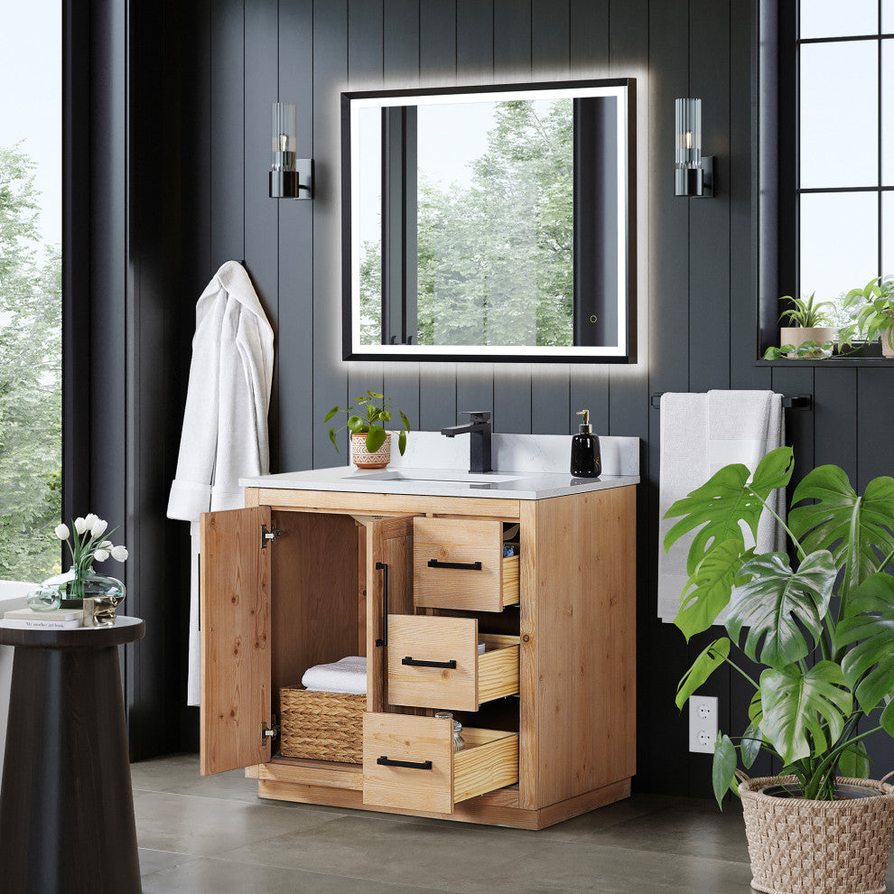 Cicero Vanity, Grain White Engineered Stone Countertop, Light Brown, 36", With Mirror