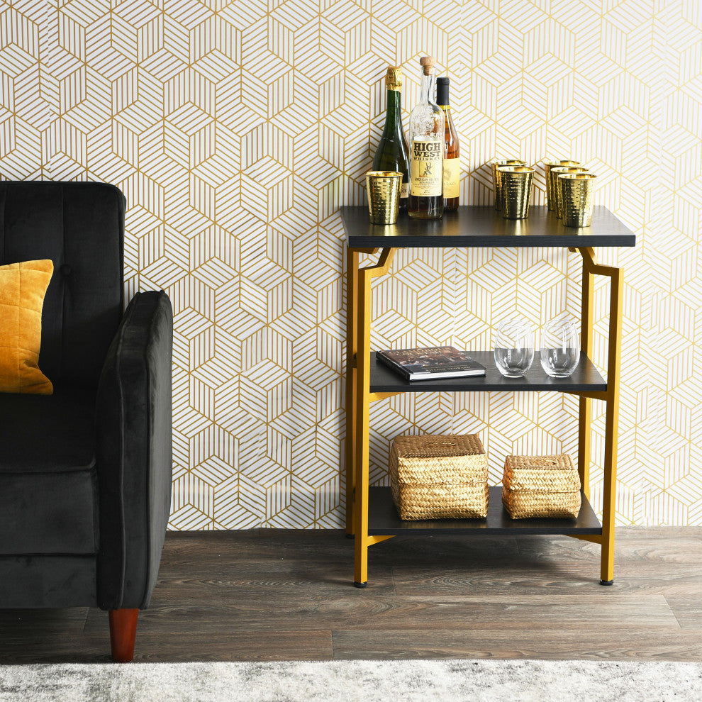 Crown Narrow 3 Shelf Open Storage Bookshelf Black Oak Wood Grain and Gold Metal