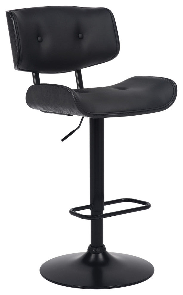 Adjustable Black Tufted Faux Leather and Black Wood Swivel Barstool.