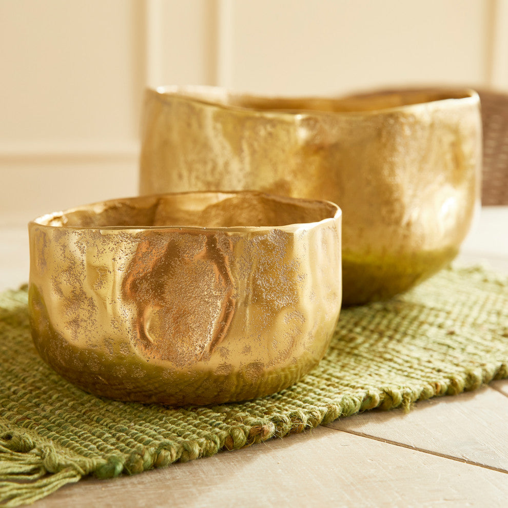 Set of 2 Elegant Free Form Textured Gold Planters Cachepots Round Organic Shape