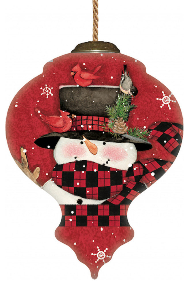 Plaid Snowman and Cardinals Hand Painted Mouth Blown Glass Ornament