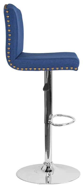 Contemporary Adjustable Height Barstool With Accent Nail Trim, Blue Fabric
