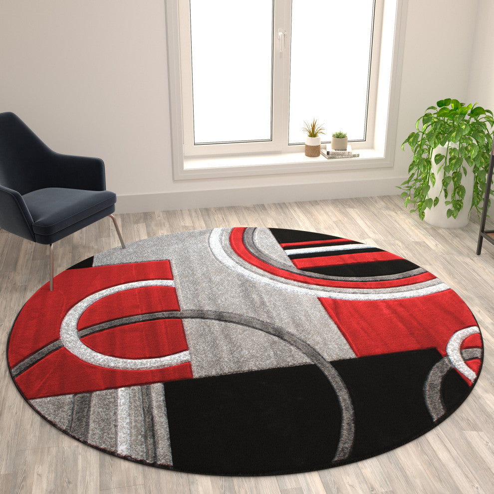 Athens Collection Round 8' x 8' Red Abstract Style Area Rug