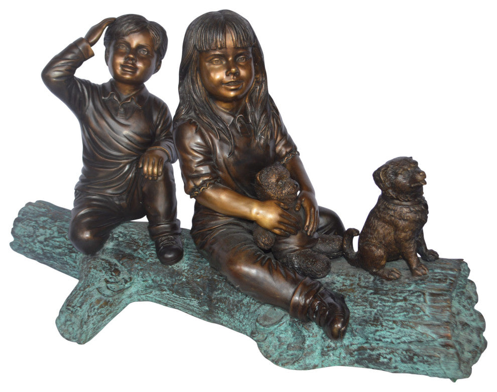 Young children and dog on a log bronze statue - Size: 40"L x 16"W x 24"H.