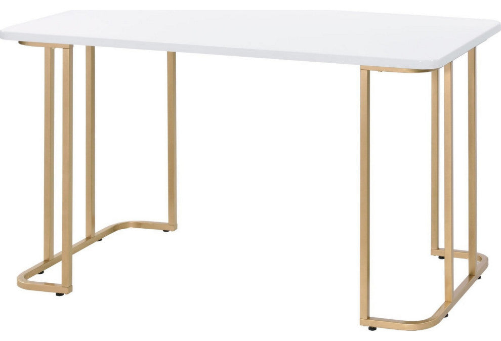Benzara BM250218 Writing Desk, Metal Curved Sled Base & Floor Protectors, White