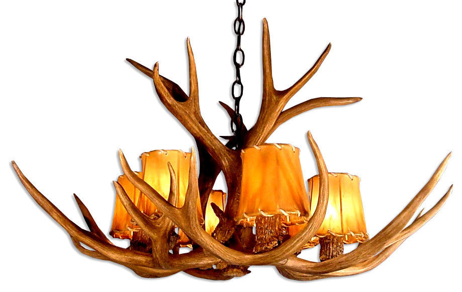 Mule Deer Single Tier Antler Chandelier Light, Xxl, Rawhide Shades