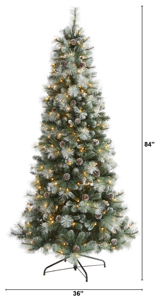 7' Frosted Tip British Columbia Mountain Pine Faux Xmas Tree W/Lights, Pinecones