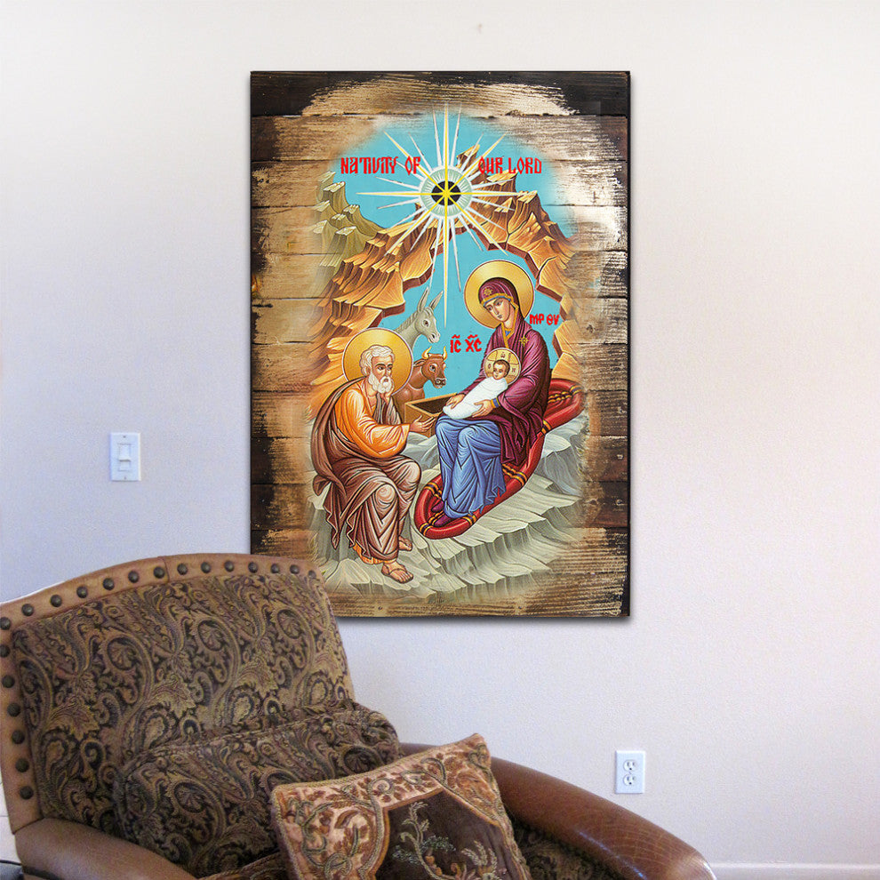 Icon Thodox Nativity Wall Art On Wood, 8 Inch
