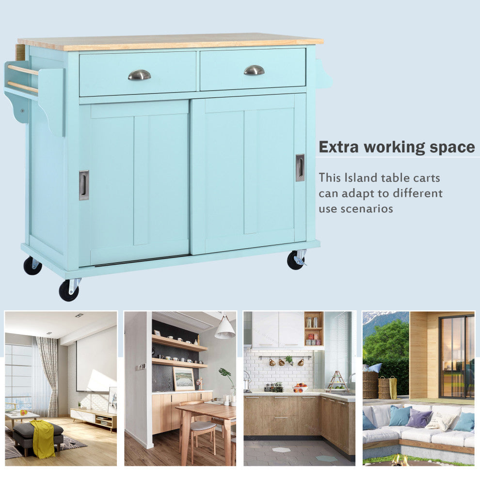 TATEUS Cambridge Solid Wood Top Kitchen Island, Blue