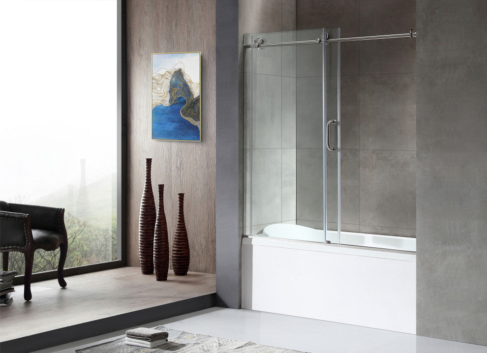 ANZZI Raymore 59" x 62" Frameless Sliding Tub Door, Brushed Nickel