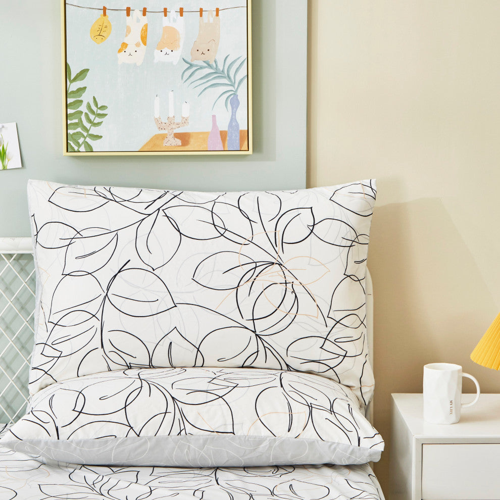 Tache Modern Leaf Foliage Abstract White Grey Black Reversible Duvet Cover, Cal