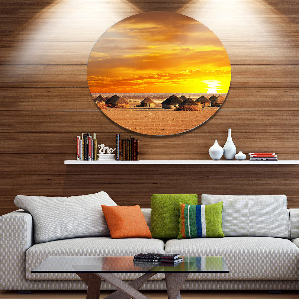Colorful African Village Huts View, Landscape Round Wall Art, 11"