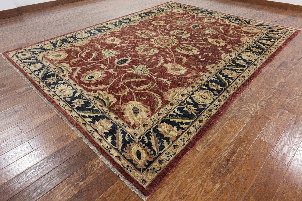 New Rajasthan Collection Red & Navy Blue 9'x12' Hand Knotted Wool Area Rug H8632