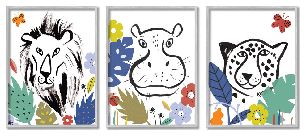 Jungle Animal Kingdom Colorful Kids Pet Illustration, 3pc, each 11 x 14