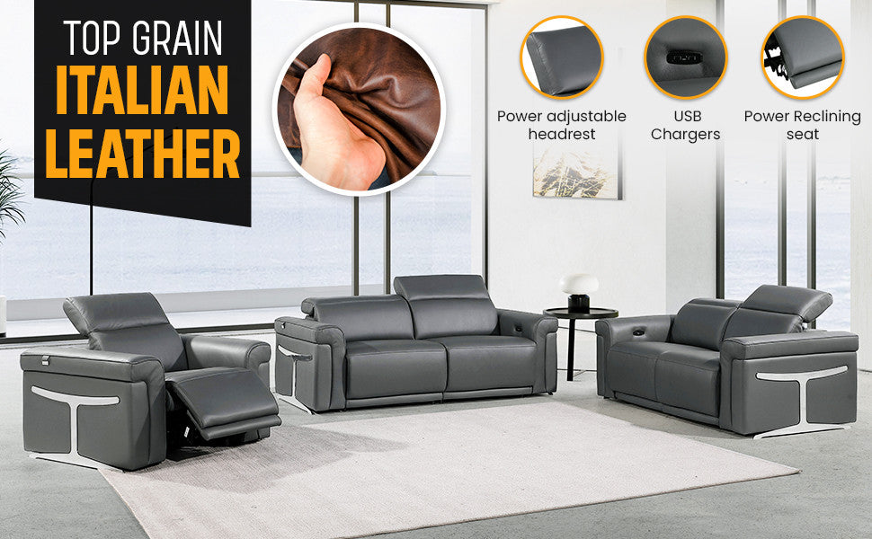 Augusto Top Grain Power Reclining Italian Leather Sofa, Dark Gray