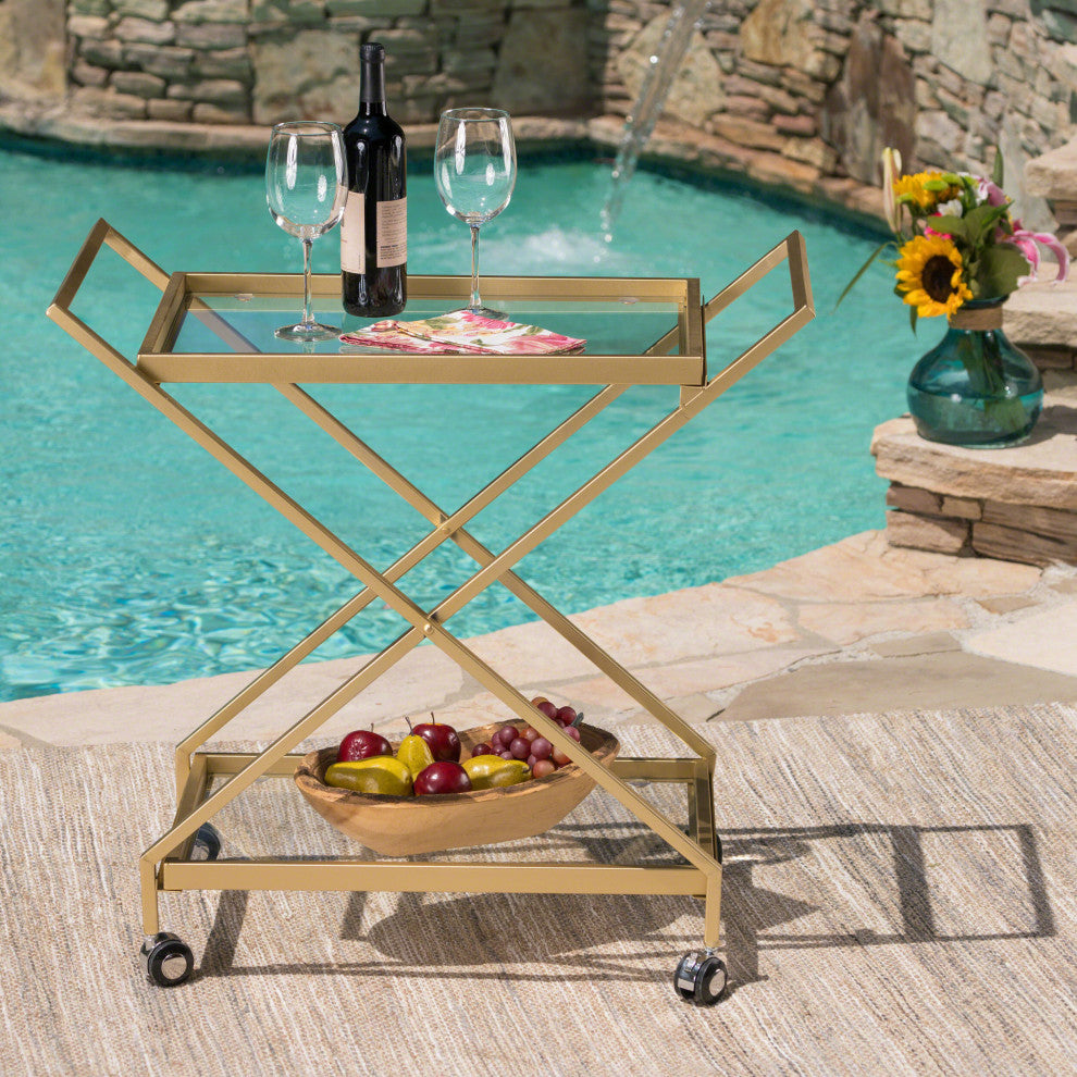 GDF Studio Easter Indoor Industrial Iron and Glass Bar Cart, Gold