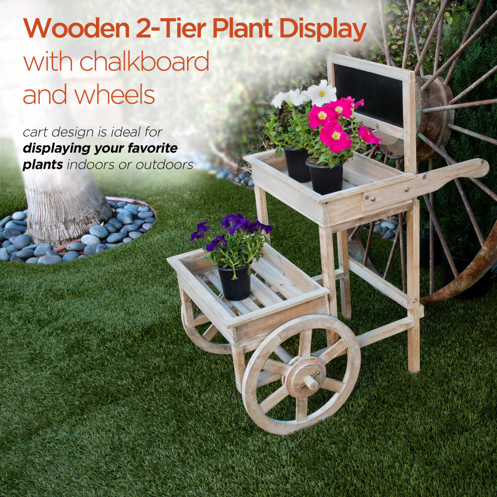 Alpine Wooden Cart Plant and Display Stand With Chalkboard, 34"Tall