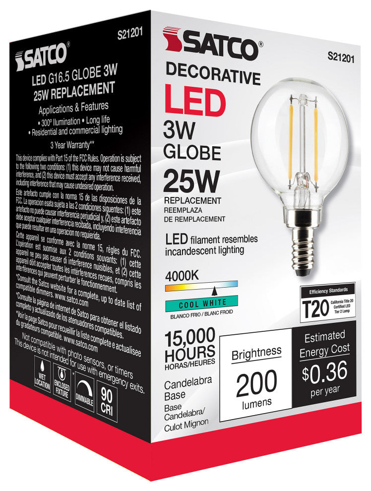 3W G16.5 LED, Clear, Candelabra Base, 90 CRI, 4000K, 120V