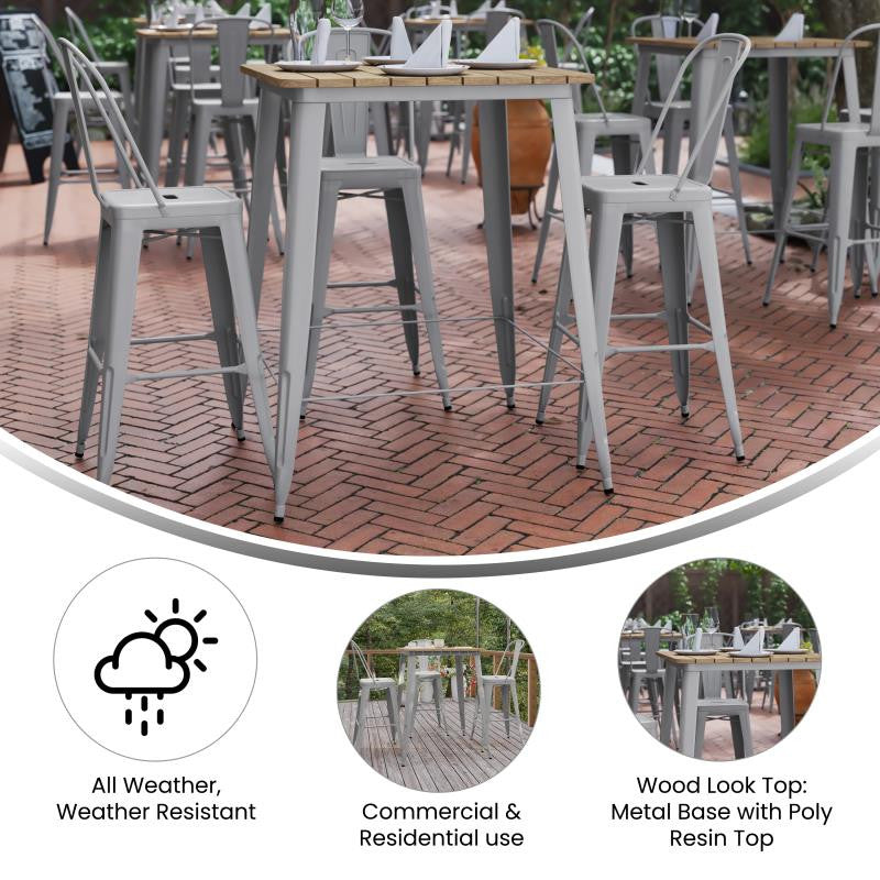 Declan Commercial Indoor/Outdoor Bar Top Square Table, 31.5", Brown/Silver