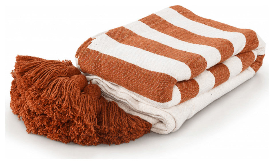 Orange Woven Cotton Striped Throw Blanket
