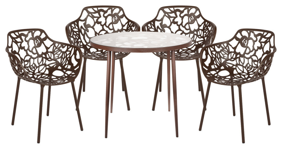 Leisuremod Devon 5-Piece Aluminum Dining Set With Table and 4 Armchairs, Brown