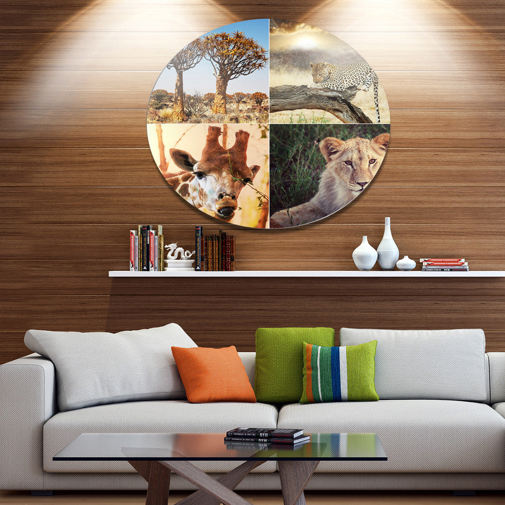 African Safari Wildlife Collage, African Landscape Round Artwork, 11"