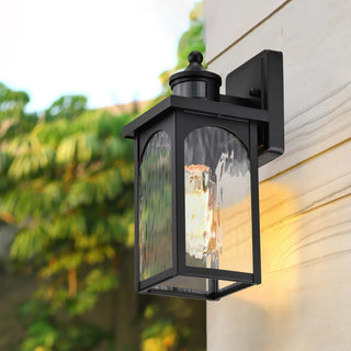 12 in. 1-Light Black Motion Sensing Wall Lantern Sconce Water Wave Glass 2PACK