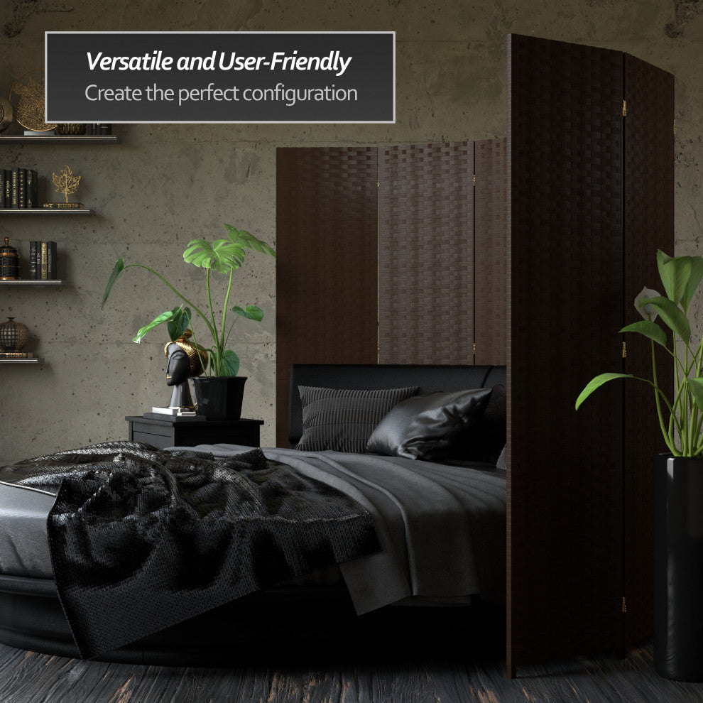 6'' Tall Woven Fiber Room Divider, 8 Panel, Dark Mocha