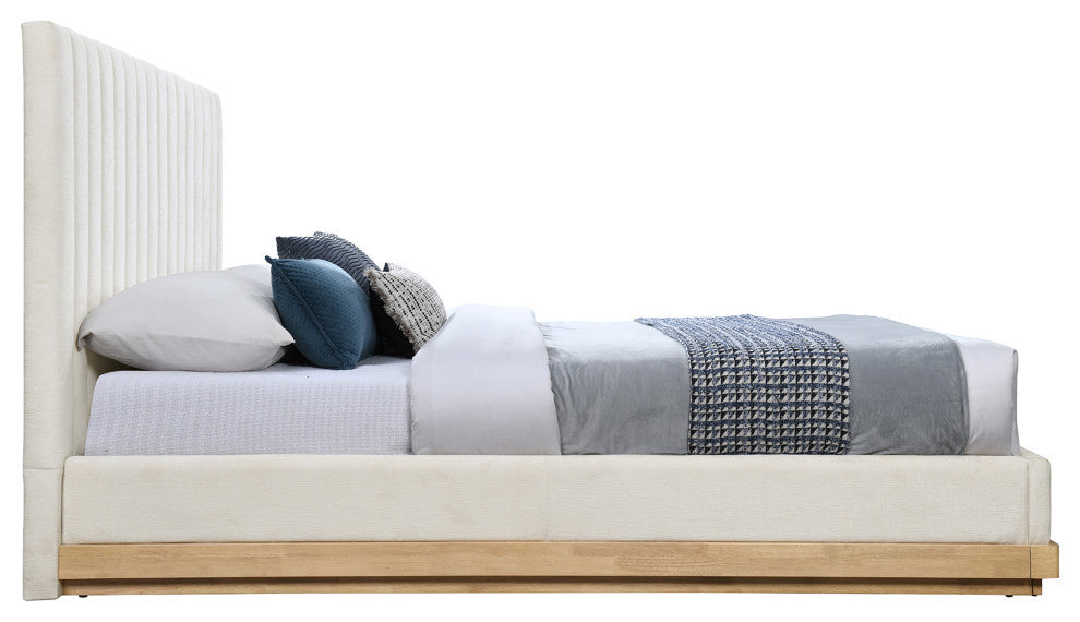 Emmet Upholstered Bed, Cream, King, Chenille, Natural Finish
