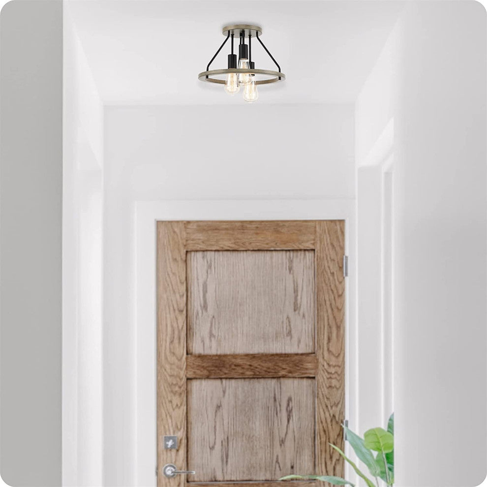 3 Light Farmhouse Flush Mount Light, Wood Ceiling Lamp