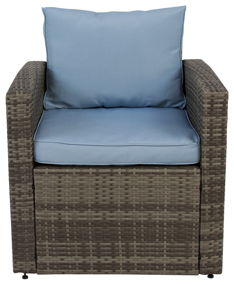 Rio 4 Piece Wicker Conversation Set With Storage, Gray Wicker/Blue Cushions