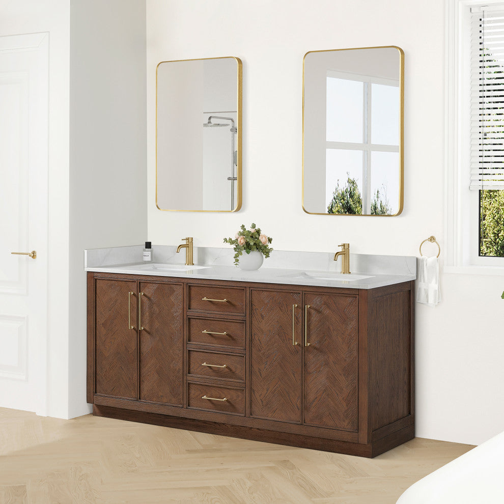 Jakarta Bath Vanity, Quartz Top No Mirror, Dark Brown Oak, 72", Double Vanity