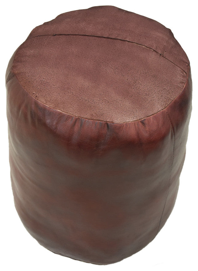 Pouf-Solid Handmade Leather Pouf (Recycled Foam with Fiber Fill), Cherry, [Round]14x14x14