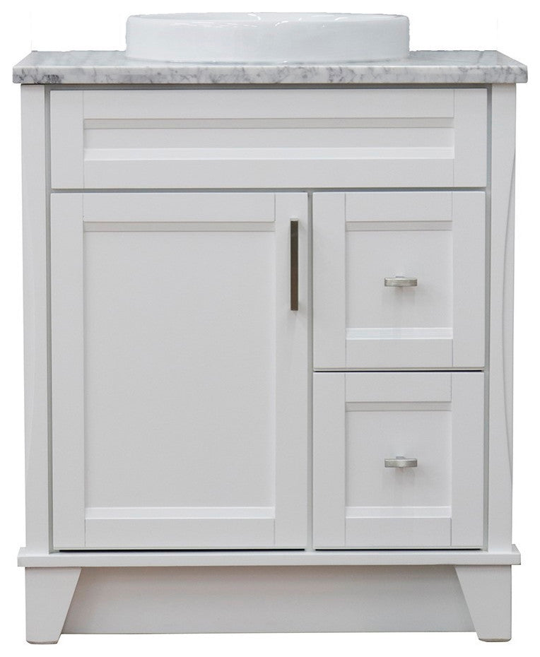 31" Single Sink Vanity, White Finish With White Carrara Marble With Round Sink