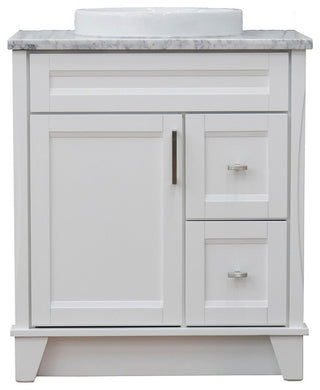 31" Single Sink Vanity, White Finish With White Carrara Marble With Round Sink