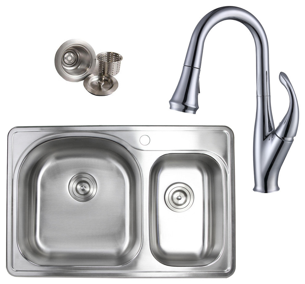 33" Topmount Stainless Steel 70/30 Double Bowl Kitchen Sink and Faucet Combo