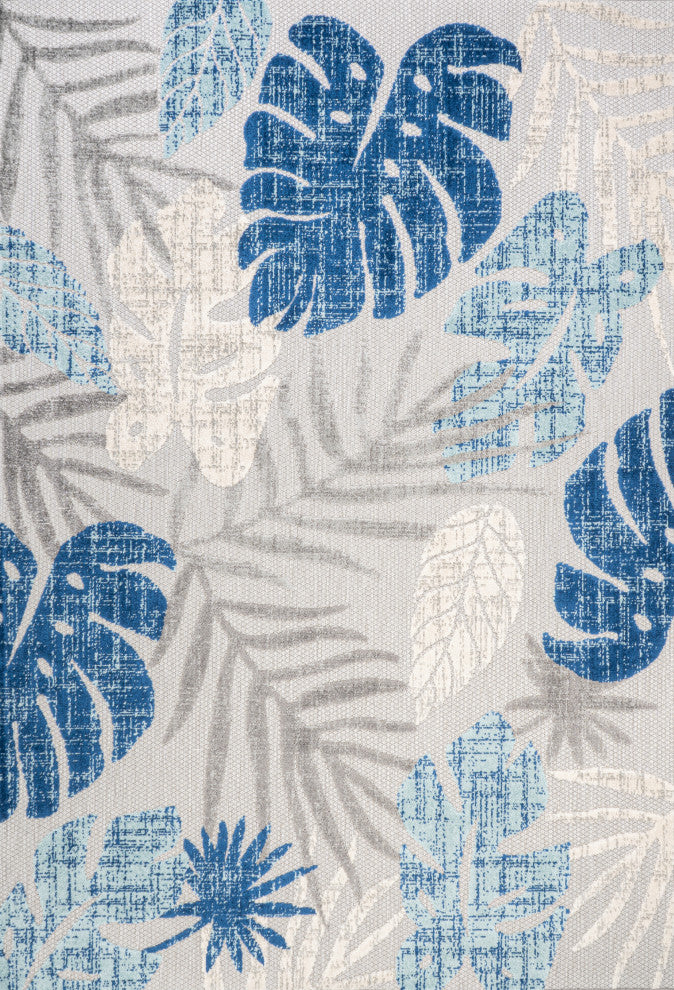 Monstera Tropical Leaf High-Low Indoor/Outdoor Area Rug, Light Gray/Navy, 3 X 5