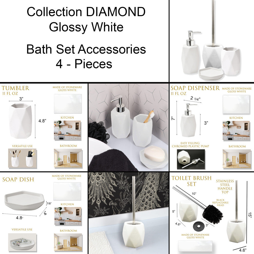 Diamond Bathroom Accessory Set 4-Pieces White
