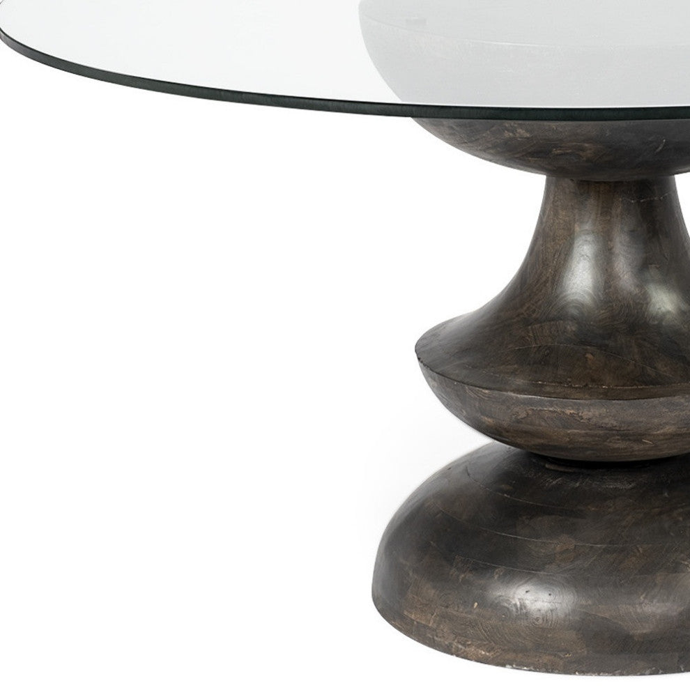 60" Clear Brown Rounded Glass Solid Manufactured Wood Pedestal Base Dining Table