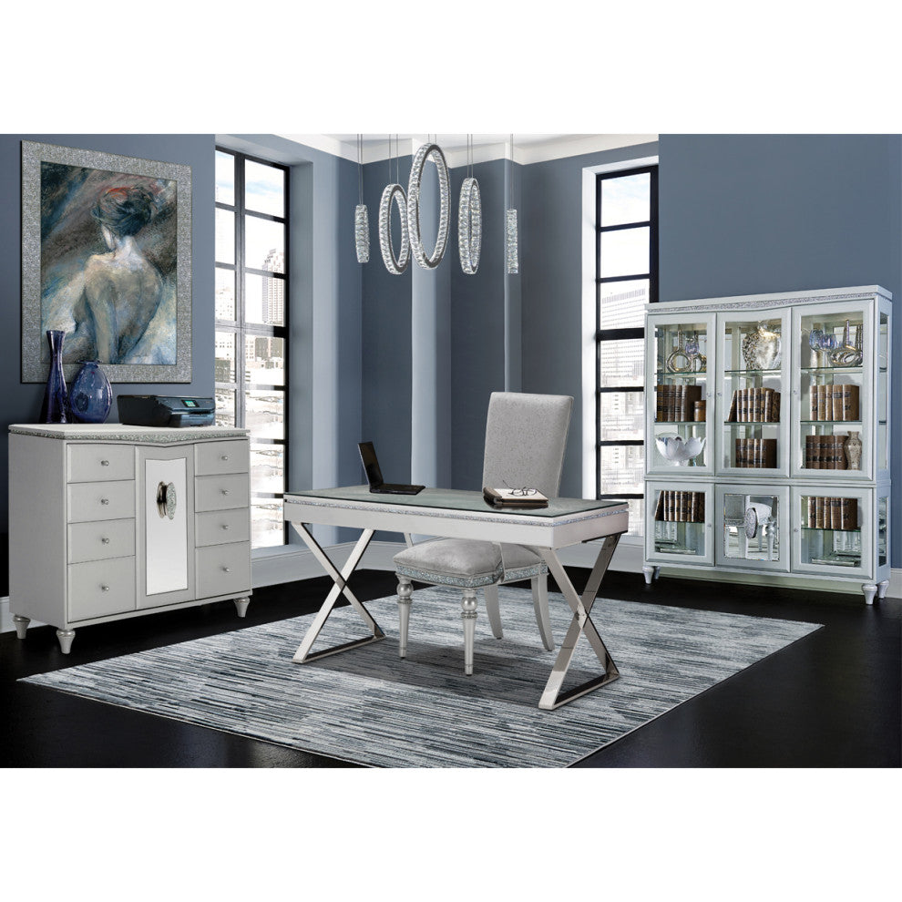 Melrose Plaza Writing Desk With Glass Top, Dove