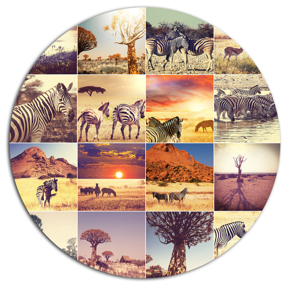 African Wildlife And Nature Collage, African Round Metal Wall Art, 36"