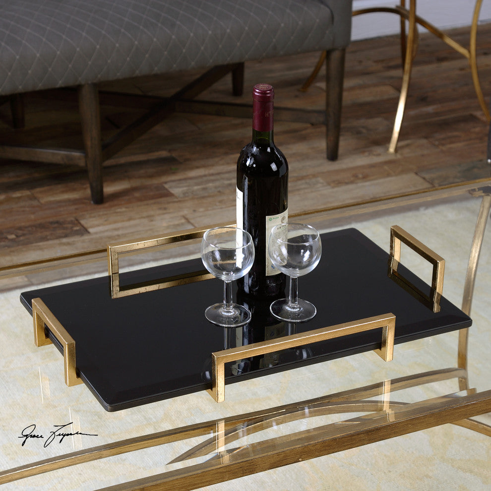 Modern Black Gold Decorative Serving Tray, Mid Century Handles Glass Metal Bar