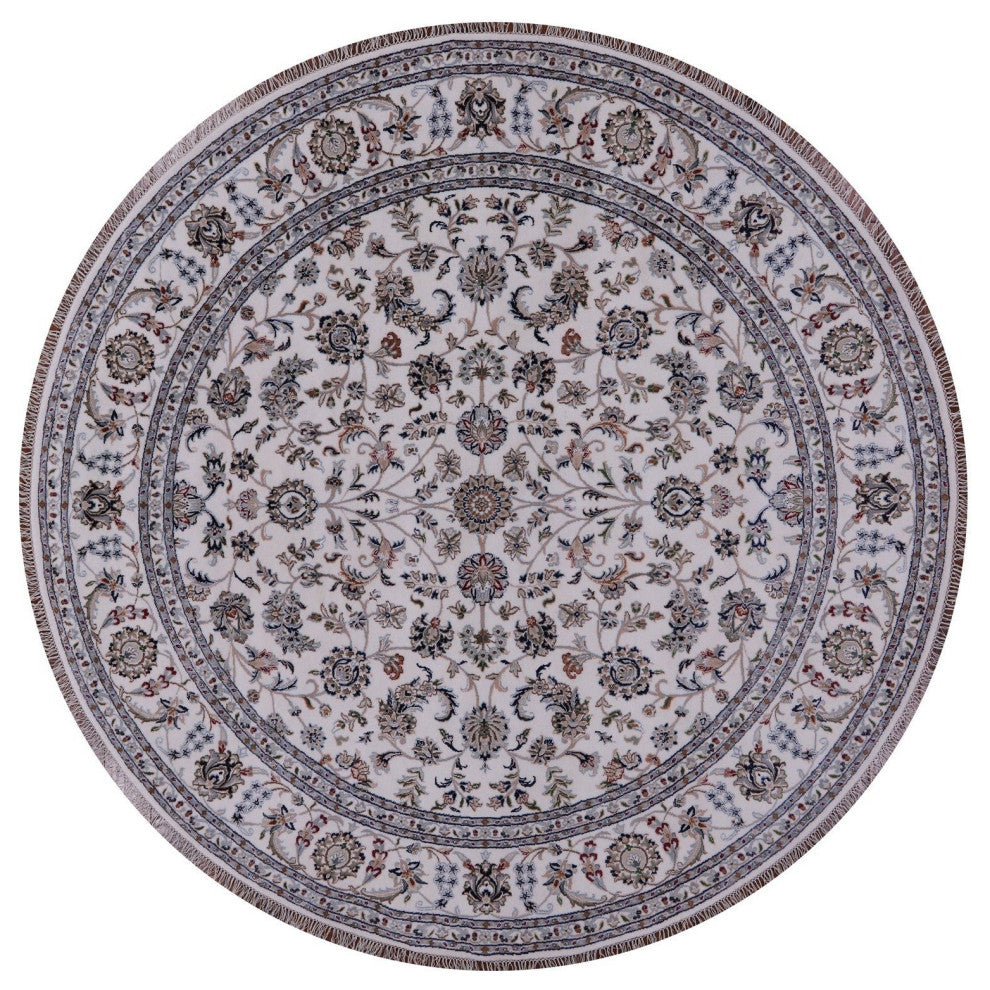 8' Round Persian Nain Hand-Knotted Wool and Silk Rug Q9366