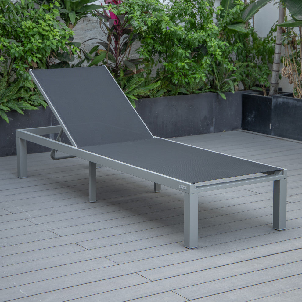 LeisureMod Marlin Gray Patio Chaise Lounge Chair with Fire Pit Table, Black
