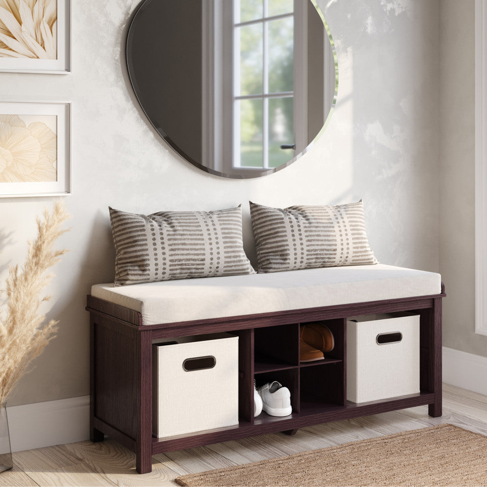 Solid Wood Entry Bench with 2 Bins and 1 Shoe Divider, Espresso