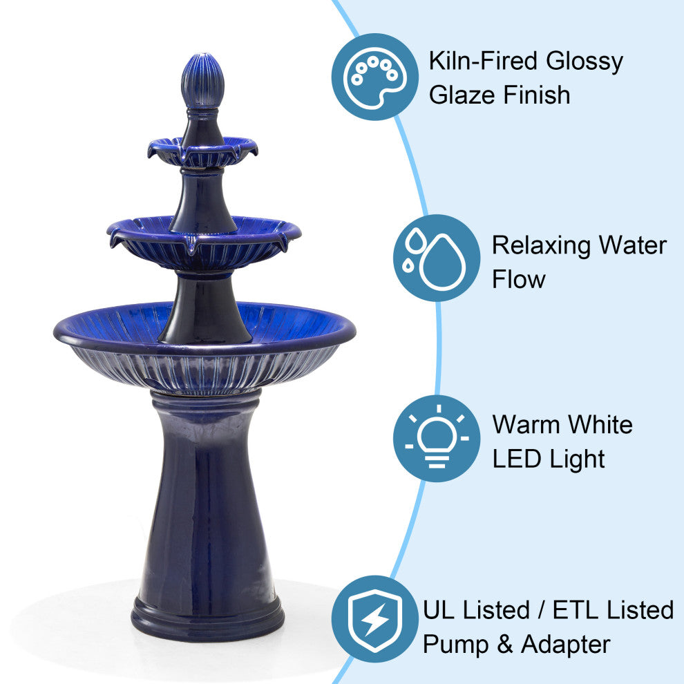 Cobalt Blue 3-Tier Ceramic Outdoor Fountain