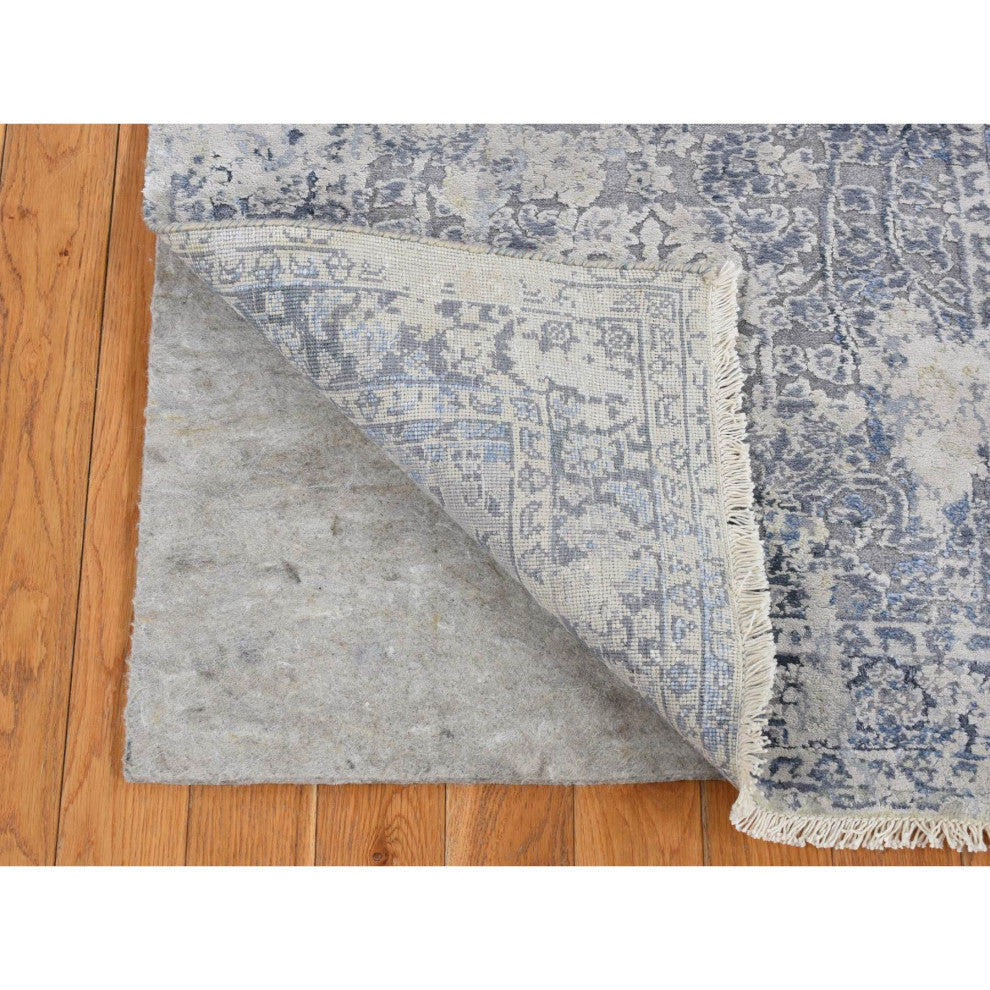 Battleship Gray Broken and Erased Pure Silk Hand Knotted Runner Rug 2'5"x10'