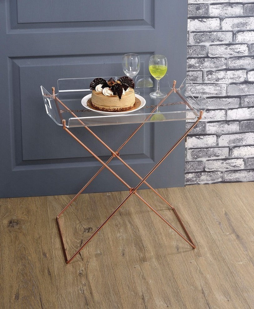 Benzara BM157340 22 Inch Acrylic Tray Table With X Metal Base, Copper
