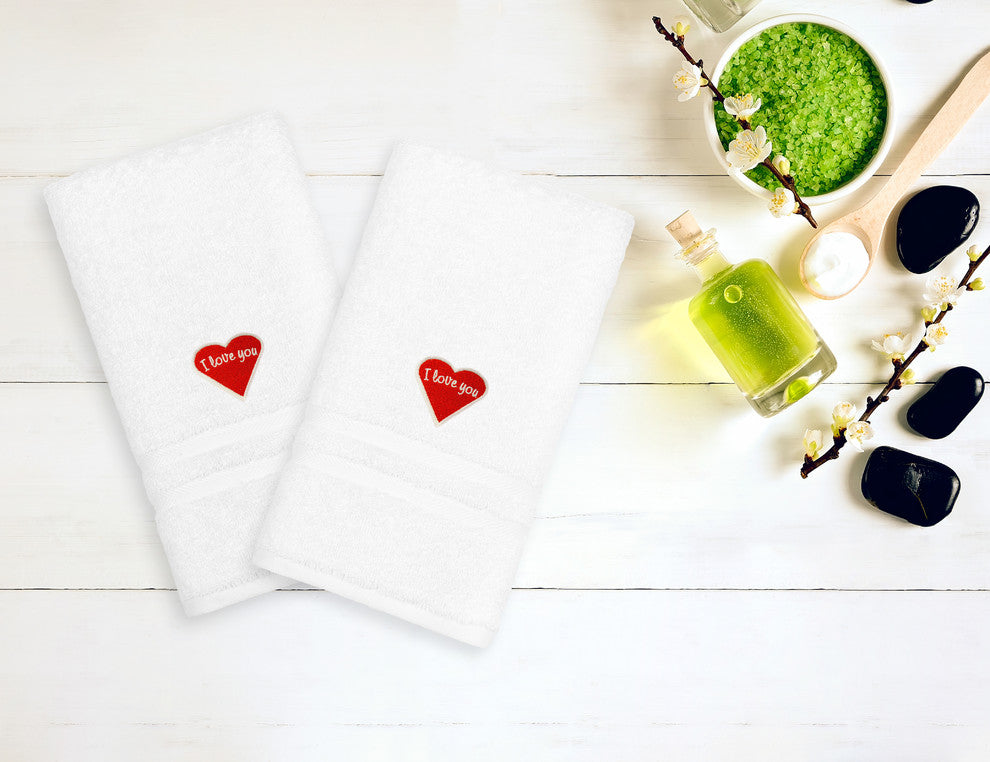 "I Love You" Embroidered White Hand Towels, Set of 2, Red Heart